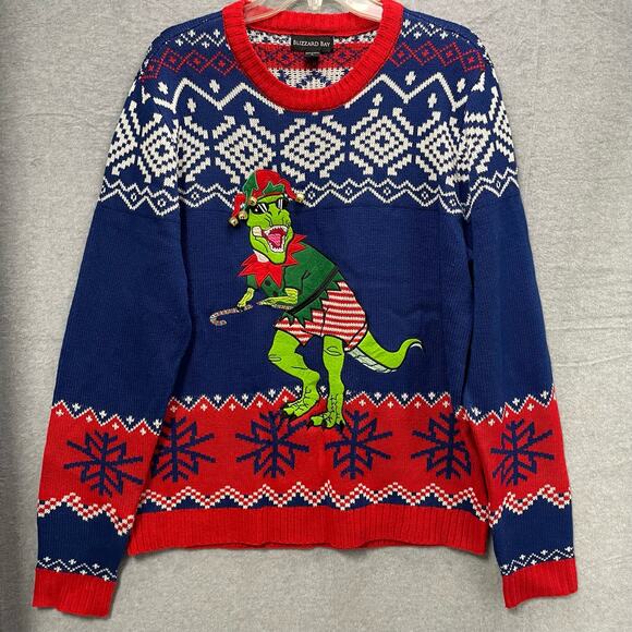 Men's Blizzard Bay T Rex Elf With Bells Christmas Holiday Sweater Size Large - Picture 1 of 6